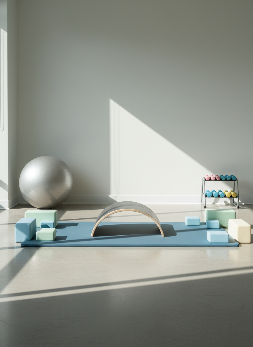 A serene rehabilitation exercise area captured in photographic realism, featuring a sturdy, light-grey balance board centered on a matte, slate-blue exercise mat. Around the mat, neatly aligned foam blocks, a stability ball with a subtle textured surface, and a small rack of light dumbbells in soft pastel tones rest against a smooth, pale wall. Natural afternoon light enters through a large unseen window, casting gentle, elongated shadows that add depth without clutter. Shot from a slightly elevated corner angle with balanced composition, the image conveys calm focus and controlled movement. The overall atmosphere is professional yet welcoming, emphasizing a safe, structured environment for physiotherapy and rehab exercises.