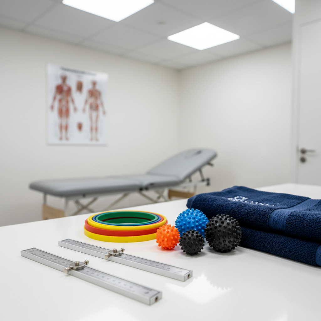 A close-up, photographic scene of essential physiotherapy tools arranged with precision on a smooth white countertop in a clinical setting. A pair of sleek, brushed metal goniometers lies beside a set of color-coded resistance bands, textured massage balls, and a folded navy-blue therapy towel with subtle stitching. In the softly blurred background, a treatment table and wall-mounted anatomical poster are visible. Bright, diffused overhead lighting creates clear, shadow-free visibility, highlighting clean surfaces and hygienic standards. Captured from a slightly elevated angle with shallow depth of field, the mood is professional, meticulous, and trustworthy, ideal for showcasing the clinic’s high-quality equipment and attention to detail.